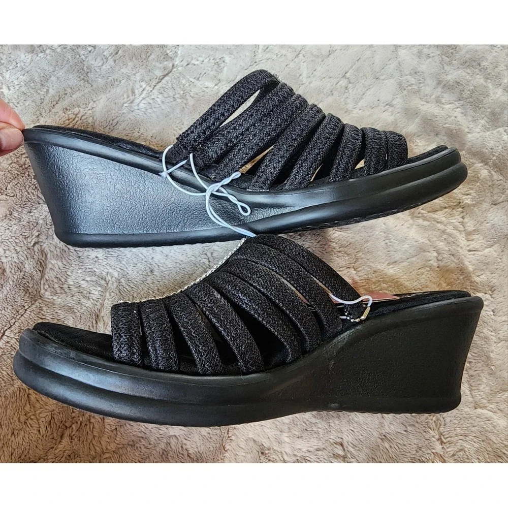 Skechers Cali Rumblers Hot Shot Black Wedge Sandals Rhinestone Womens 9 Wide